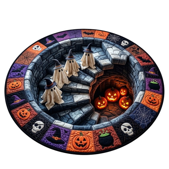 3D Halloween Rug, Ghost Pumpkin Quilted Round Mat, Halloween Quilted Round Rug 3D Illusion, Soft & Durable Fabric Non-Slip Modern Home Decor