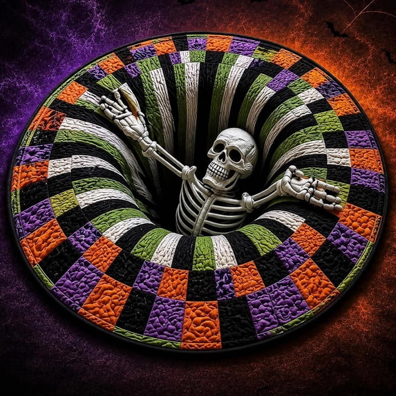 3D Halloween Rug, Ghost Skeleton vortex quilted 3D Optical Illusion Rugs | Candy Corn Abyss Quilted Round Mat with Spooky Depth Design Crystal Velvet Soft & Durable Fabric Non-slip(24INCH skull)