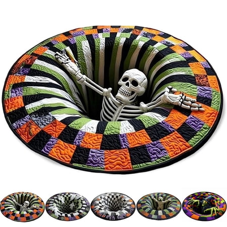 3D Halloween Rug, Novelty Ghost Skeleton 3D Optical Illusion Rugs | Candy Corn Abyss Quilted Round Mat with Spooky Depth Design Crystal Velvet Soft & Durable Fabric Non-slip