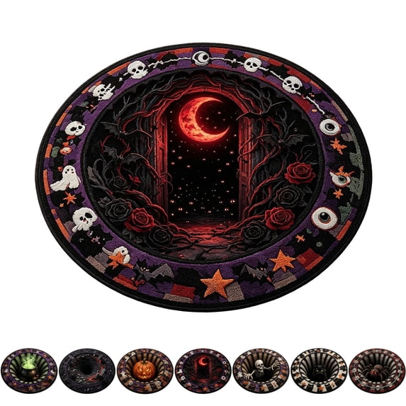 3D Halloween Rug, Novelty Ghost Skeleton 3D Optical Illusion Rugs | Quilted Round Mat with Spooky Depth Design Soft & Durable Fabric Non-
