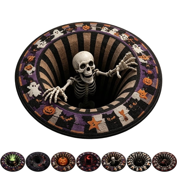3D Halloween Rug, Novelty Ghost Skeleton 3D Optical Illusion Rugs | Quilted Round Mat with Spooky Depth Design Soft & Durable Fabric Non-