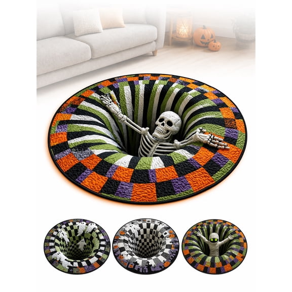 3D Halloween Rug, Optical Illusion Round Area Rug with Vortex Depth Effect, Quilted Soft Fabric Floor Mat for Living Room Bedroom Indoor Halloween Decor