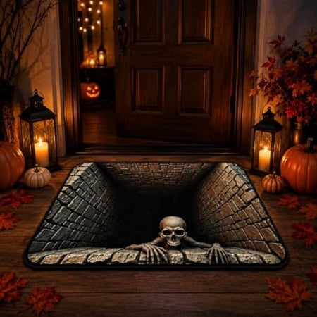 3D Halloween Rug, Skeleton Optical Illusion Floor Mat for Home Decor