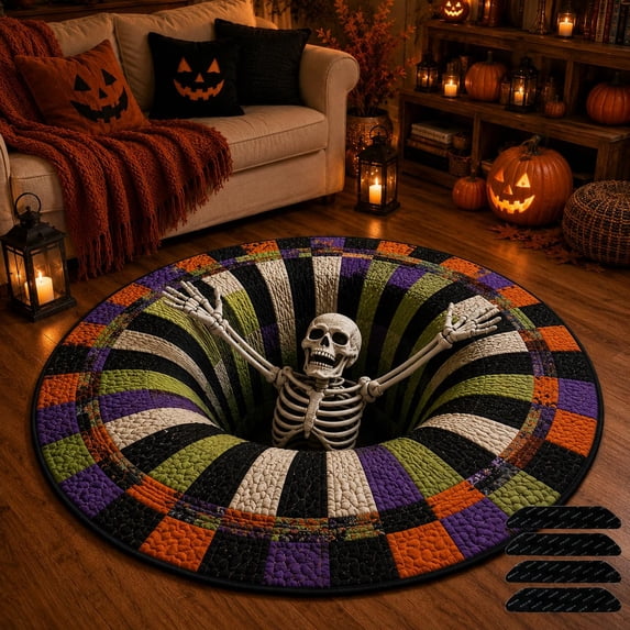 Round Skeleton Rug 3D Halloween Rug, Skeleton Vortex Quilted Optical Illusion Round Mat ...