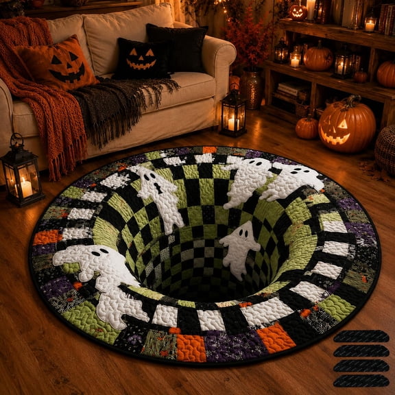 3D Halloween Rug, Skeleton Vortex Quilted Optical Illusion Round Mat, Soft Crystal Velvet Optical Illusion Area Rug for Indoor Entryway, Living Room