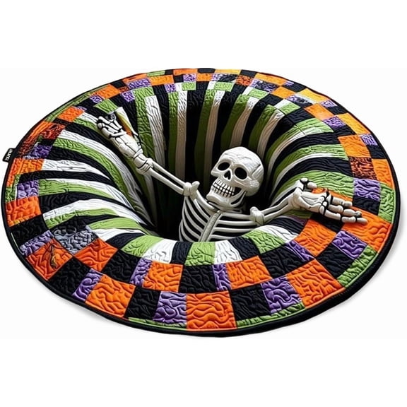 3D Halloween Rug, Skeleton Vortex Quilted Round Floor Mat with 3D Illusion Design, Non-Slip Halloween Home Decor for Living Room, Bedroom and Entryway