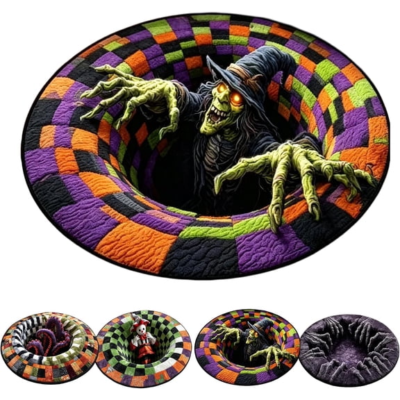 3D Halloween Rug, skeleton vortex quilted round Mat (#F,60 cm / 23.6 in) | 3D Candy Corn Abyss Quilted Round Mat with Spooky Depth Design Crystal Velvet Soft & Durable Fabric Non-slip