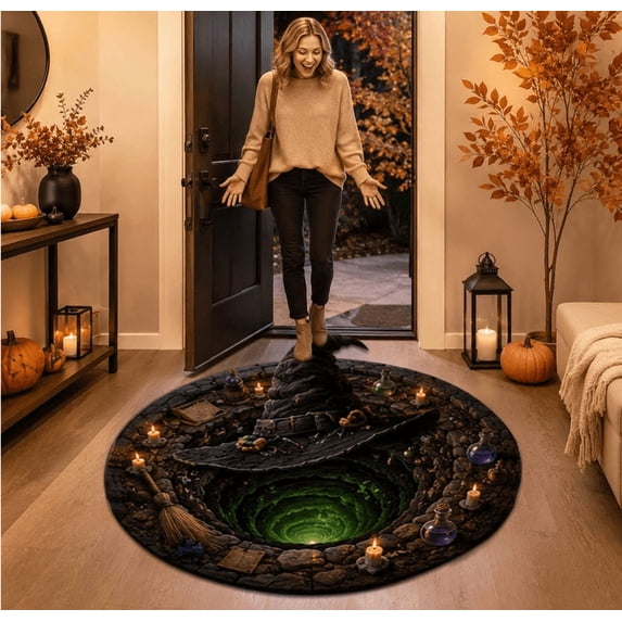 3D Halloween Rugs, Funny 3D Illusion Round Halloween Mat 24in, Non-Slip Soft Visual Effect Door Mat, 60cm Indoor Decor Rug for Living Room