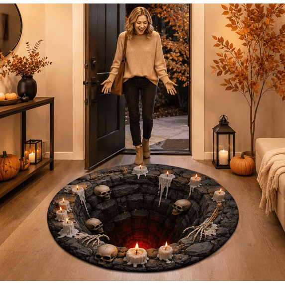 3D Halloween Rugs, Funny 3D Illusion Round Halloween Mat 24in, Non-Slip Soft Visual Effect Door Mat, 60cm Indoor Decor Rug for Living Room