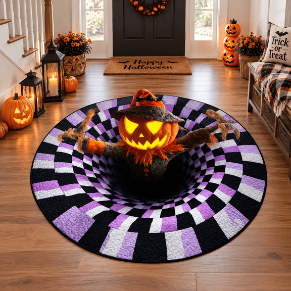 3D Halloween Rugs, Halloween 3D Optical Illusion Area Rug, Round Spooky Floor Decor Soft & Durable Fabric Halloween Optical Illusion Rug for Entryway, Living Room, 15.7"