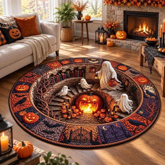 3D Halloween Rugs Optical Illusion, 3D Haunted Staircase Round Rug – Spooky Halloween Optical Illusion, for Entryways, Living Rooms, Bedrooms, and Indoor Party Decor