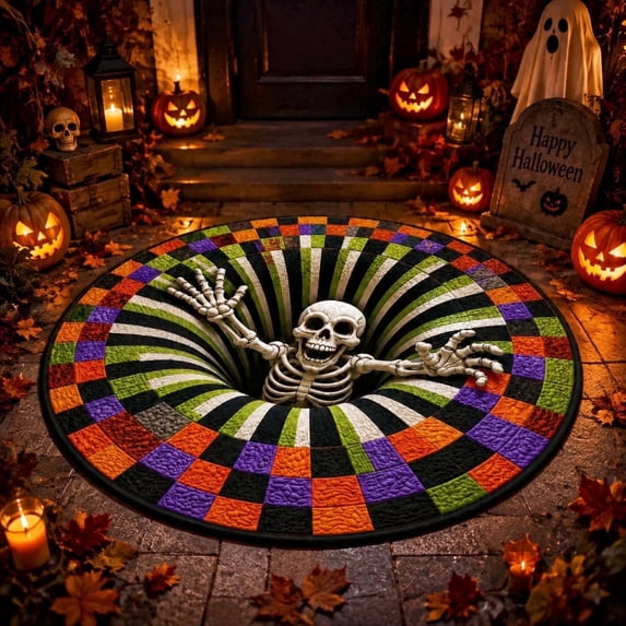 3D Halloween Rugs Optical Illusion Rug Halloween Quilted Round Rug 3D Illusion Modern Home Decor(Abyss Skeleton)
