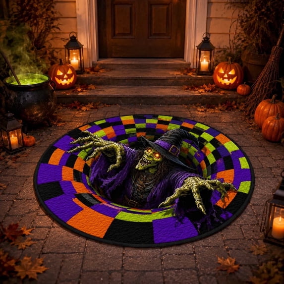3D Halloween Rugs Optical Illusion Rug Halloween Witch Quilted Round Rug 3D Illusion Modern Home Decor(Abyss Witch)
