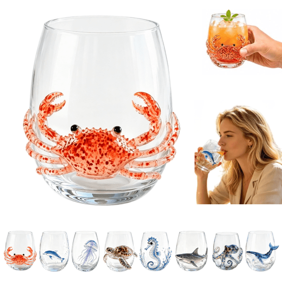 3D Hand Sculpted Marine Animal Stemless Wine Glass, Hand Painted Sea Creature Tumbler Clear Glass Cup for Water Wine Cocktail, Nautical Coastal Decor Gift for Ocean Lovers(Crab)