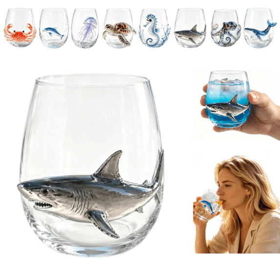 3D Hand Sculpted Marine Animal Stemless Wine Glass, Hand Painted Sea Creature Tumbler Clear Glass Cup for Water Wine Cocktail, Nautical Coastal Decor Gift for Ocean Lovers(Shark)