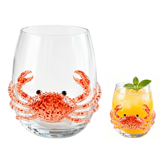 3D Hand Sculpted Marine Animal Stemless Wine Glass, Hand Painted Sea Creature Tumbler Clear Glass Cup for Water Wine Cocktail, Nautical Coastal Decor Gift for Ocean Lovers(Crab)