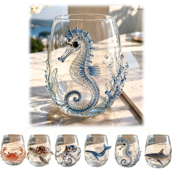 3D Handcrafted Marine Animal Themed Glass Cup, 12 Oz Unique Ocean Themed Glassware, Artisanal Drinking Glass, Birthday Christmas Halloween Gifts for Friends, Summerween Party Supply (Seahorse)