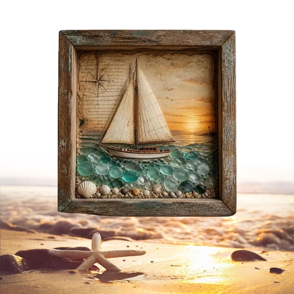 3D Handmade Coastal Lighthouse Sea Glass Shadow Box Night Light, LED Ambient Lighting, Rustic Wood Frame, Wall & Shelf Decor, Nautical Style