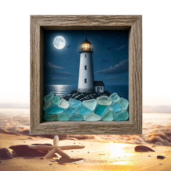 3D Handmade Coastal Lighthouse Sea Glass Shadow Box Night Light, LED Ambient Lighting, Rustic Wood Frame, Wall & Shelf Decor, Nautical Style