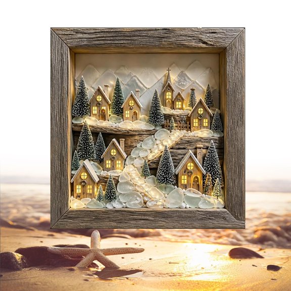 3D Handmade Coastal Lighthouse Sea Glass Shadow Box Night Light, LED Ambient Lighting, Rustic Wood Frame, Wall & Shelf Decor, Nautical Style