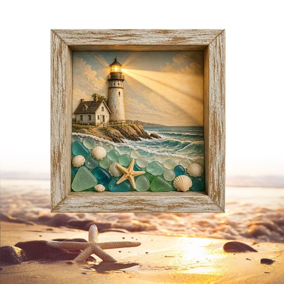 3D Handmade Coastal Lighthouse Sea Glass Shadow Box Night Light, LED Ambient Lighting, Rustic Wood Frame, Wall & Shelf Decor, Nautical Style
