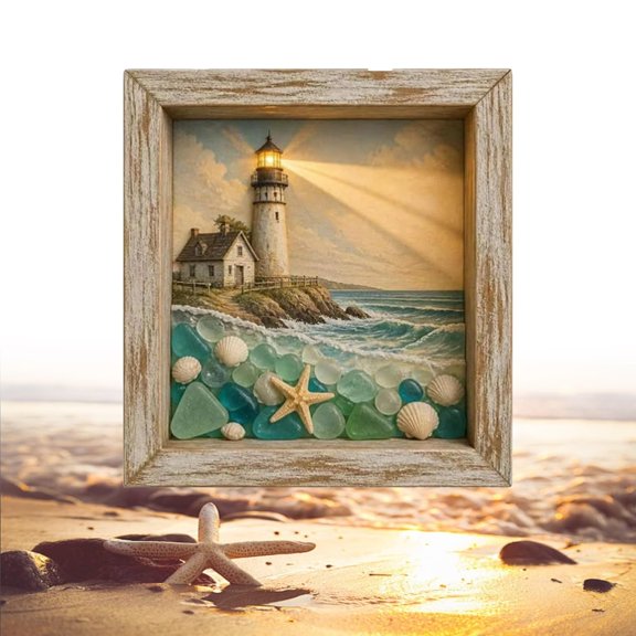 3D Handmade Coastal Lighthouse Sea Glass Shadow Box Night Light, LED Ambient Lighting, Rustic Wood Frame, Wall & Shelf Decor, Nautical Style