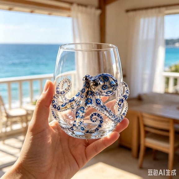 3D Handmade Octopus Embossed Clear Drinking Glass Cup, Ocean Blue Pattern Octopus Sculpted Stemless Tumbler, Creative Sea Animal Decorative Water Cup for Juice Milk Daily Beverage