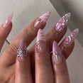 thumbnail image 1 of 3D Handmade Press on Nails with Charms Medium Almond Fake Nails Cute French Nails Press ons Butterfly Flower Bow Stick on Nails Almond Shape Acrylic Nails Pearl Nails for Women Daily Wear, 1 of 10