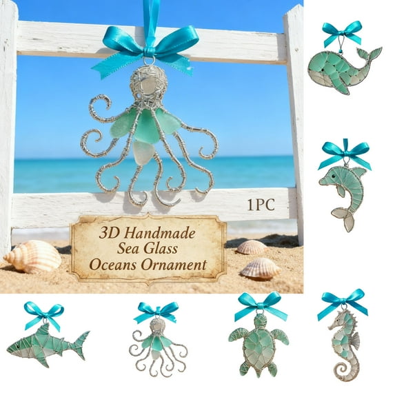 3D Handmade Sea Glass Ocean Ornament – Coastal Home Décor,Beachcomber Gift,Sea Glass Sun Catcher,Nautical Ocean Decor,Frosted Beach Glass Pendant for Living Room,Bathroom & Car Accessories