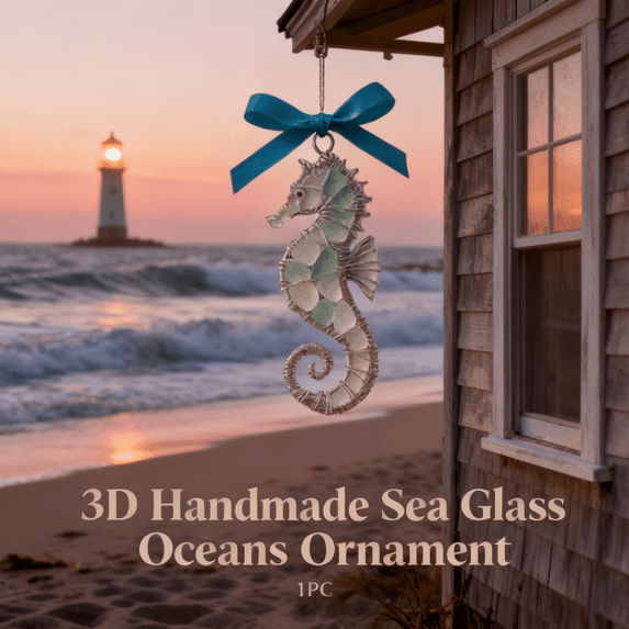 3D Handmade Sea Glass Ocean Ornament – Handmade Ocean-Themed Gift,Sea Glass Sun Catcher,Driftwood Style Coastal Wall Décor,Frosted Beach Glass,Perfect for Beach House,Living Room & Car