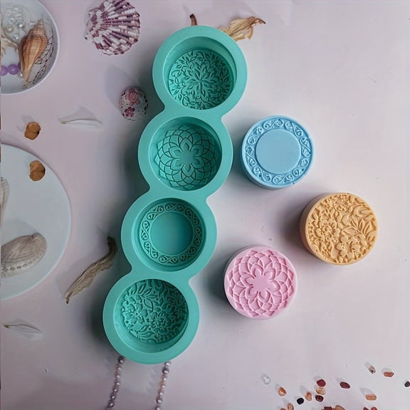 3D Handmade Silicone Round Floral Soap Making Mold - 4-Cavity Design for Creative Crafts - 3.38oz Capacity Multifunctional food mold