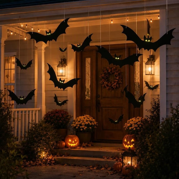 3D Hanging Halloween Bats with Glow Eyes Party Decoration | Glow eyes, hanging strings, foldable 3D wings, waterproof PVC bats for Halloween walls, windows, trees & party décor