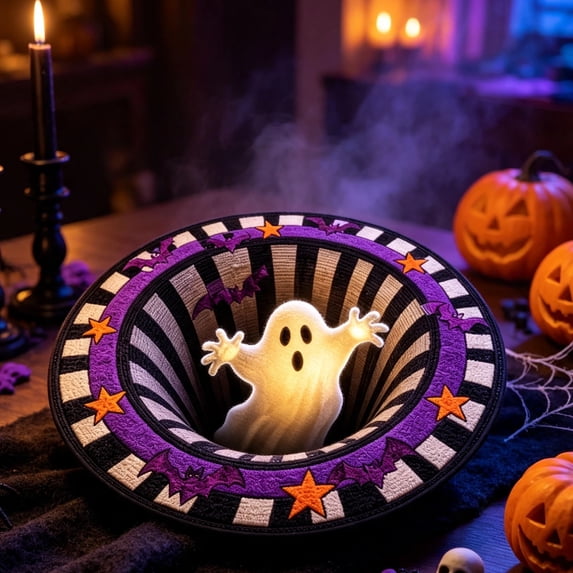 3D Haunted Staircase Optical Illusion Round Rug, Quilted Soft Fabric Abyss Depth Area Mat with Ghost Skeleton Pumpkin Pattern, Non‑Slip Floor Carpet for Living Room Door Indoor Styles Available