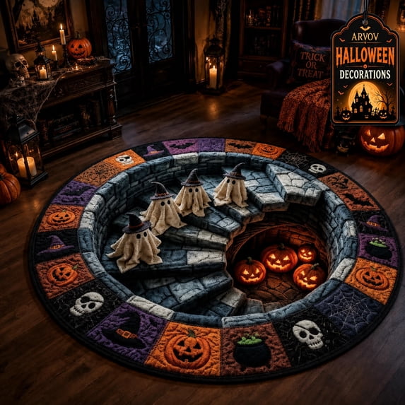 3D Haunted Staircase Round Rug – Halloween Optical Illusion Area Mat, Soft Non-Slip Floor Carpet for Living Room Bedroom Entryway, Spooky Ghost Skeleton Pumpkin Home Decor Indoor Party Gift