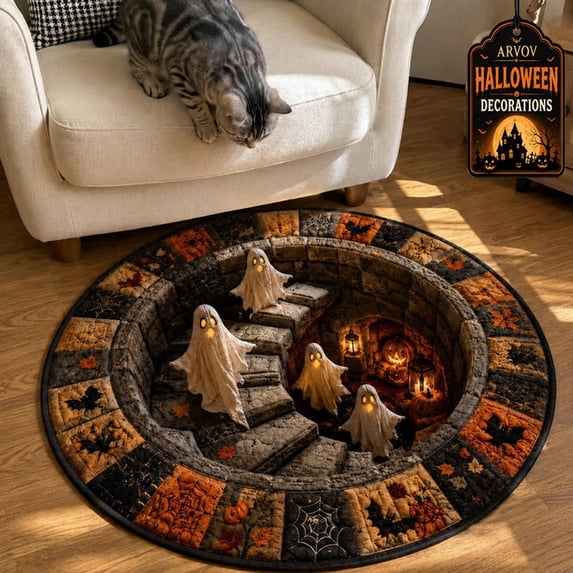 3D Haunted Staircase Round Rug – Halloween Optical Illusion Area Mat, Soft Non-Slip Floor Carpet for Living Room Bedroom Entryway, Spooky Ghost Skeleton Pumpkin Home Decor Indoor Party Gift