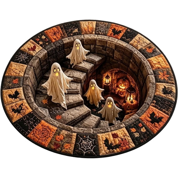 3D Haunted Staircase Round Rug, Halloween Optical Illusion Area Rug with Spooky Ghost Design, Non-Slip Floor Mat for Living Room Bedroom Entryway Party Decor