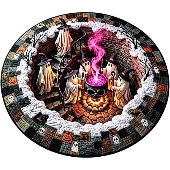 3D Haunted Staircase Round Rug, Halloween Optical Illusion Area Rug with Spooky Ghost Design, Non-Slip Floor Mat for Living Room Bedroom Entryway Party Decor
