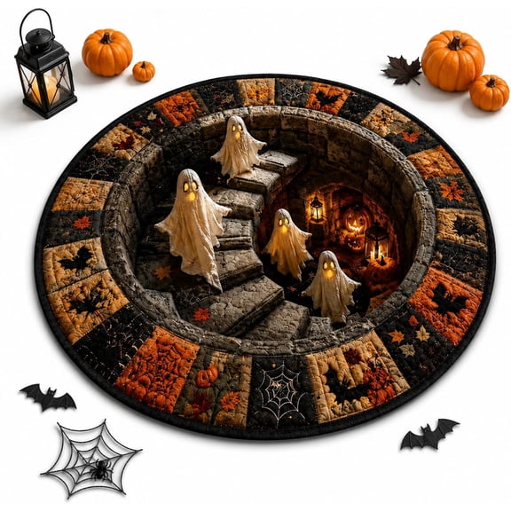 3D Haunted Staircase Round Rug, Halloween Optical Illusion Mat, Soft Non Slip Spooky Carpet, Halloween Decor for Indoor Entryway Party(RL)