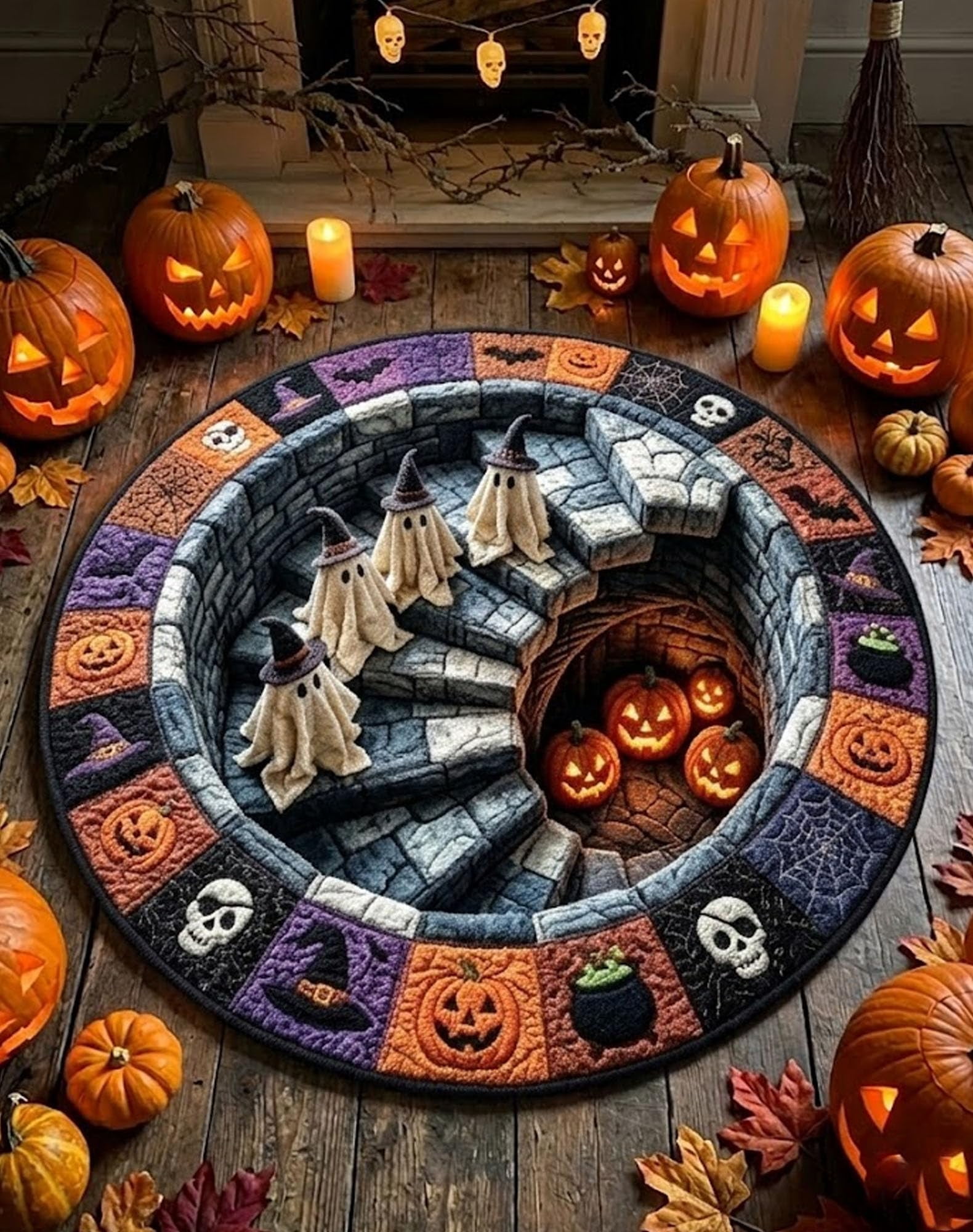 Candy Round Rug 3D Haunted Staircase Round Rug, Optical Illusion Halloween Area Mat ...