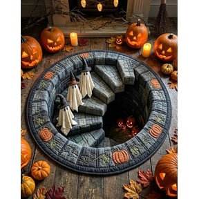 3D Haunted Staircase Round Rug, Optical Illusion Halloween Area Mat