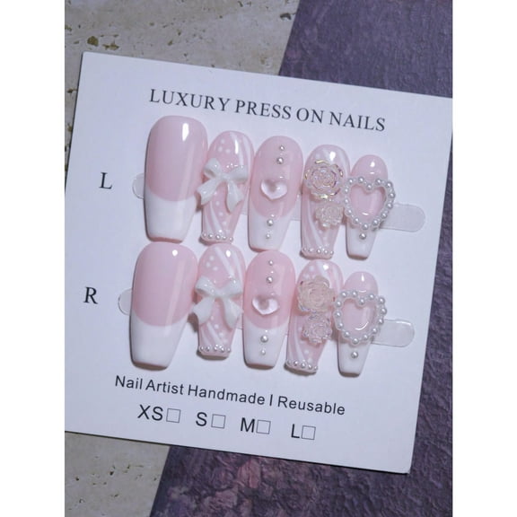 3D Heart Bow Knots Nail Charms Decoration Baby Pink Manual Nails Sweet Cute Nail Art Design 100% Handmade Press On Nails 10pcs Coffin Medium Long Nail Tips Nails Reusable Fake Nails For Four Seasons