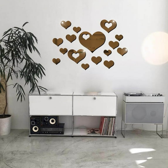 3D Heart Mirror Wall Stickers Removable Self-Adhesive DIY Home Decor for Living Room Nursery Bedroom 16-Piece Set
