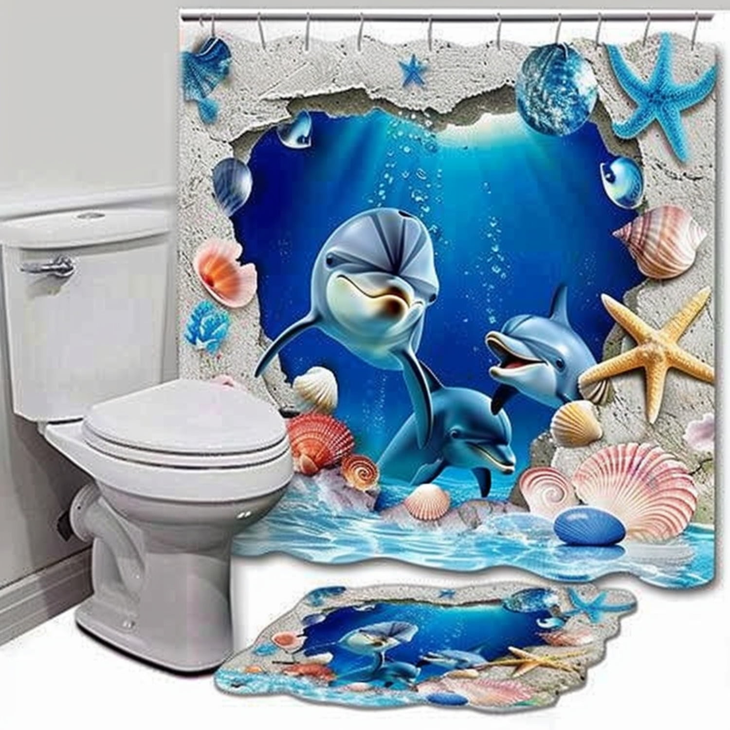3D HeartShaped Dolphin Bathroom Set with Seashells White Walls Hyper