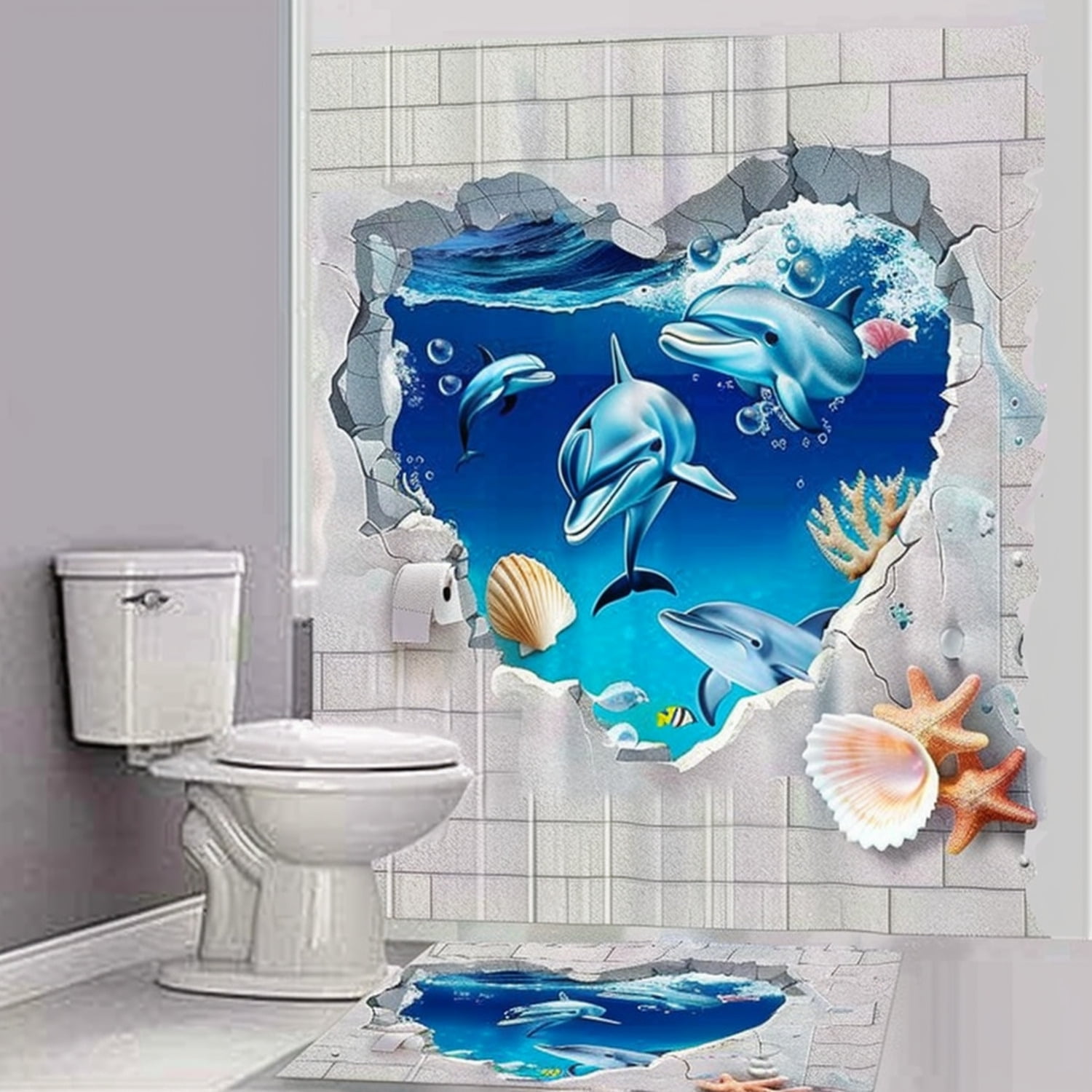 3D Heart-Shaped Dolphin Shower Curtain Set Blue Dolphins and Seashells Bathroom Decor Hyper ...