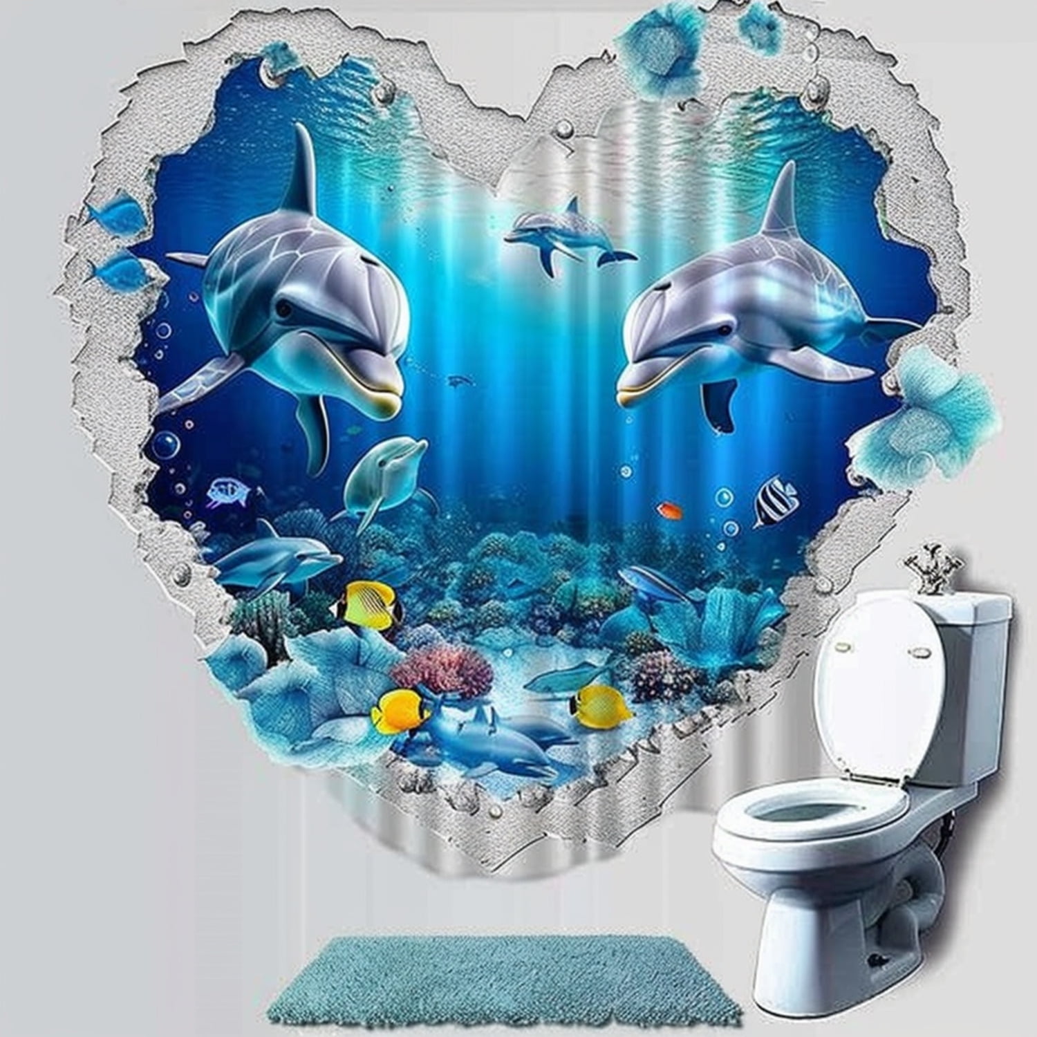 3D HeartShaped Ocean Theme Bathroom Set with Dolphins Fish Underwater