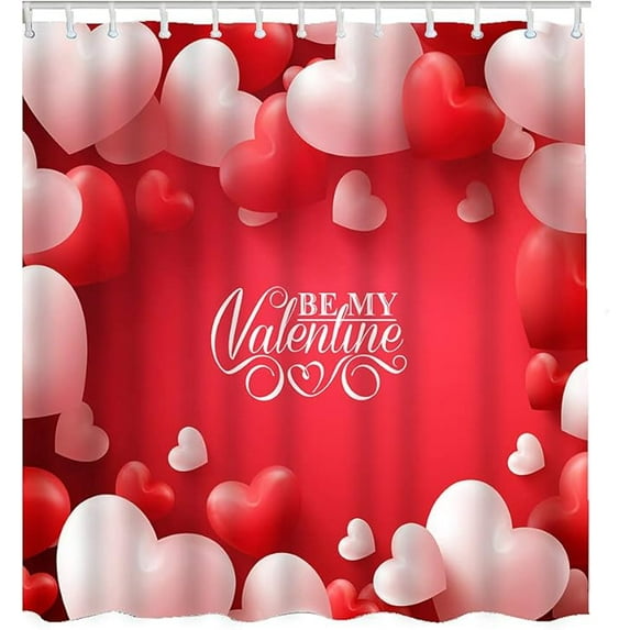 3D Hearts Shower Curtain Soft Smooth Heart Shaped Balloon Happy Valentines Day Middle Greetings Waterproof Shower Curtains For Bathroom With 12 Grommet Hooks Red Pink 48"W x 72"L (Pack of 1)