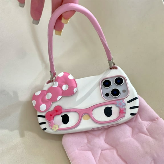 3D Hello Kitty Glasses Cute Pink Bow Lovely Phone Case For iPhone 16 15 14 13 12 11 Pro Max 16 PLUS Hand Strap Cord Back Cover
