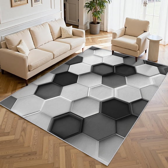3D Hexagon Geometric Area Rug, Black Gray Honeycomb Pattern Carpet, Washable Non Slip Low Pile Soft Thin, Living Room Bedroom Home Decor Mat 4x5ft