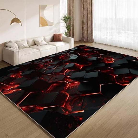 3D Hexagon Lava Area Rug, Black Red Gaming Geometric Rugs, Soft Washable Non Slip Carpet for Teens Boys Girls Kids Room Living Room Bedroom Entry Floor Mats 2 x 3ft