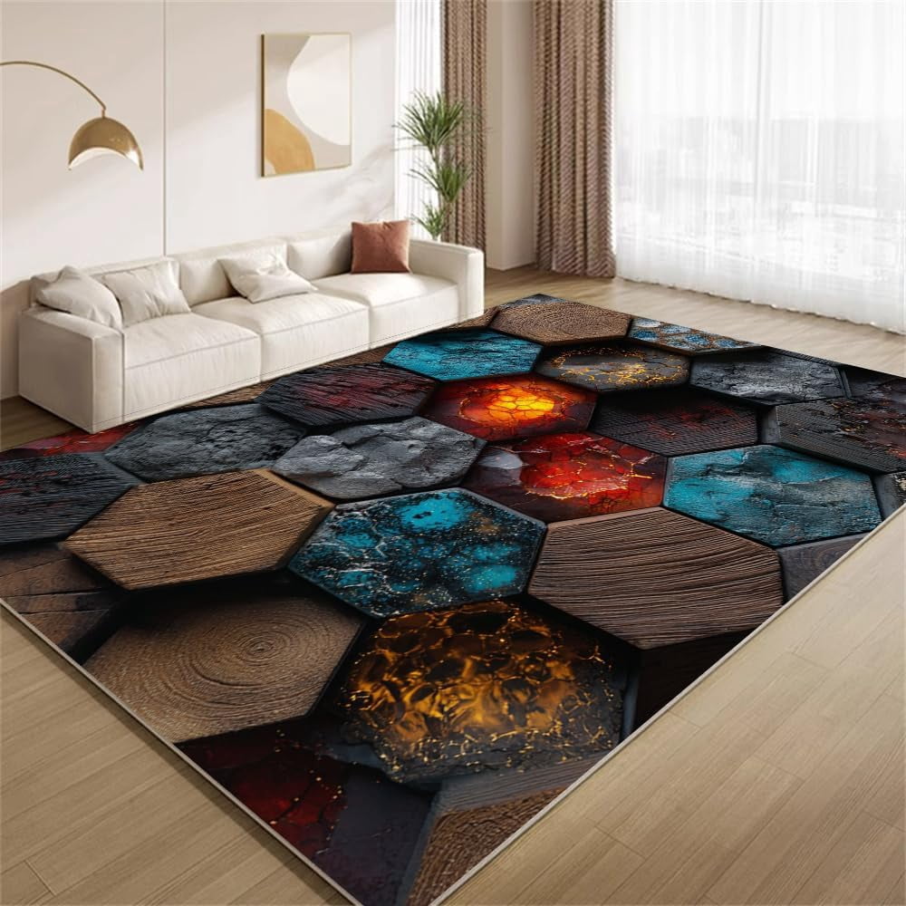 3D Hexagon Wood Grain Area Rugs, Colorful Patchwork Carpet, Washable ...